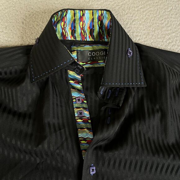 Coogi Classic Shirt Mens Large 16 32/33 Black Stripe Square Buttons Flip Cuff - Picture 7 of 13